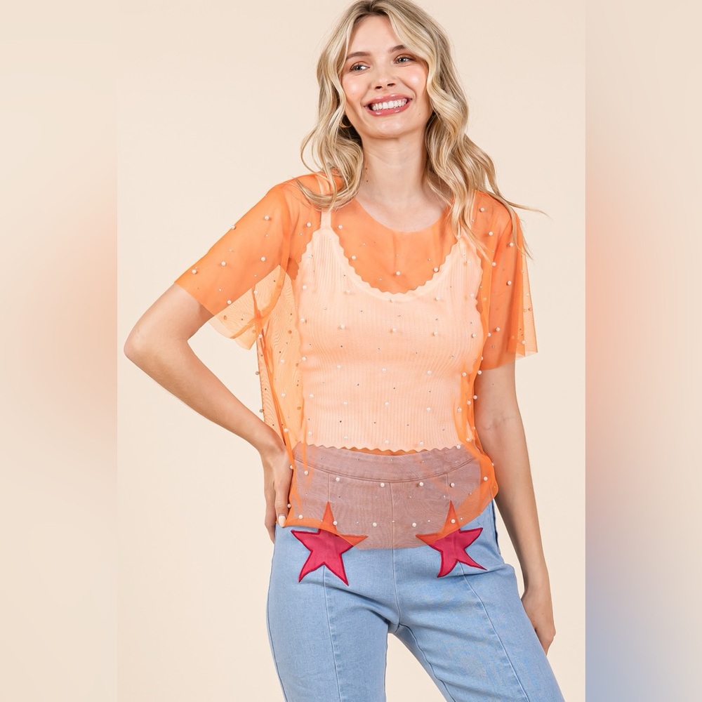 Plus Rhinestone & Pearl Mesh Top